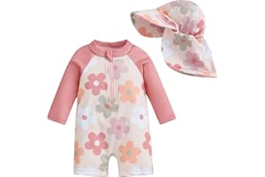 Geagodelia Toddler Baby Girl Swimsuit and Hat Zip Up Long Sleeve All in One Swimming Costume UV Sun Protection Swimwear One Piece Swimming Suit Rash Guard Sunsuit