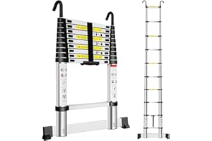 Exleiter Extendable Telescopic Ladder 2.9M, Aluminium Telescoping Ladder with Detachable Hooks and Stabiliser Bar, Adjustable Height Portable Sturdy Loft Ladder Secure Climbing for Home