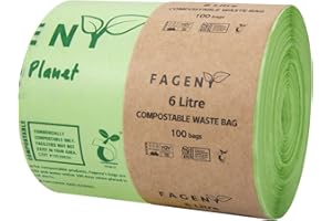 Fageny Flat Top Food Waste Bags 100% Compostable Biodegradable Bin Liners, Eco Friendly Compostable Caddy Liners Certified by BPI and OK Compost Meeting EN13432 Standards, 6L 100 Counts/Roll
