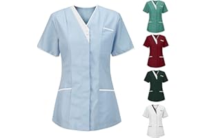 BATTNOT Kasacks Damen Pflege Günstig Einfarbig Kurzarm V-Ausschnitt T-Shirt Tops mit Taschen Schlupfhemd Arbeitsuniform Pflegebekleidung Kasack Krankenpfleger Uniform Pflegeheim Nurse Berufskleidung Tops
