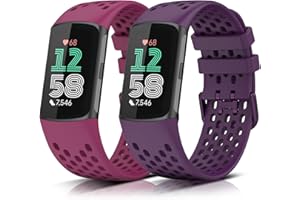 KeeFos 2 Pezzi Cinturino Compatibile con Fitbit Charge 6 / Fitbit Charge 5, Silicone Morbido Cinturino di Sportivo Ricambio Compatibile con Fitbit Charge 6 / Fitbit Charge 5 - Rosso + Viola