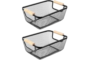 BONJUME Cestas De Alambre, 2PC Cestas De Almacenamiento De Metal Negro Cesta De Cocina Con Asas De Madera Frutas Organizador Colgante Multifuncional Cestas De Estante Para Cocina Despensa Baño Dormitorio