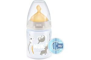 NUK First Choice+ Baby Bottle | 0-6 Months | Temperature Control | Anti Colic Vent | 150 ml | BPA-Free | Latex Teat | Safari (Beige)