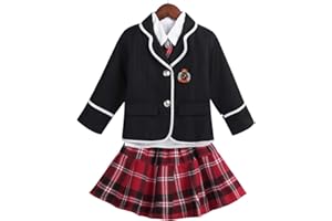 iiniim Uniformes Scolaires Japonais Enfant Fille Déguisement Lycéen Scolaire Anime Veste Britannique & Chemisier & Jupe à Carreaux & Cravate Costume Fête 4-12 Ans