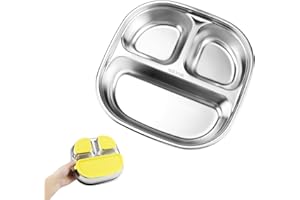 VEXRAN Plato de acero inoxidable para niños, platos de acero inoxidable con ventosa antideslizante con tres compartimentos y tapa transparente para comidas saludables del bebé