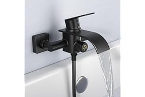 KULACO Robinet de Baignoire Cascade, Mitigeur de Baignoire en Laiton Noir, Robinet de Baignoire Robinet de Douche de Salle de Bain avec Pressostat, Robinet de Baignoire Mural Douche