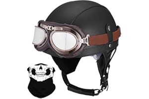 ACLFFSHOP Open Face Moto Style Allemand Casque Rétro Cuir Half Casque, ECE Homologué, avec Pare-Soleil Lunettes d'aviateur, pour Vélos Motos Scooter Toutes Les Saisons