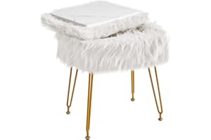 IBUYKE Rectangular Faux Fur Vanity Stool con Almacenamiento, Silla de Maquillaje Peluda otomana, Asiento Acolchado Suave, reposapiés Redondo con 4 Patas de Metal, Blanco WBD022W