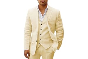 HUUTOE Costume 3 pièces en lin pour homme - Pour la plage, les mariages, les garçons d'honneur - Costume d'été décontracté - Blazer en lin - Gilet et pantalon de smoking