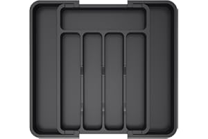Lifewit Cutlery Drawer Organiser, Extendable Cutlery Tray, 7 Compartments, Kitchen Drawer Organiser Utensil Spoons Forks Knives, Small, Black