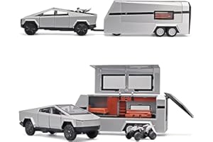 TOPRON Tesla Cybertruck Modelo de Coche, Cyber Truck de Juguete con Autocaravana, 1:32 para Remolque Pickup de Aleación Fundida a Presión con Luz y Sonido, para Niños a Partir de 3 Años-Plata