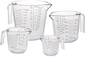 Gucass 4 Stück Messbecher Set, Kunststoff Mit Griff und Skala, 150/300/600/1000ml, Hitzebeständig Präzisions Für Küche Labor, BPA-Frei, Transparent