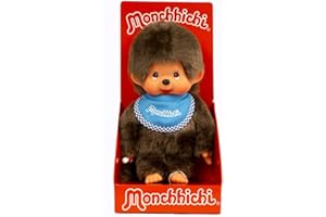 Sekiguchi 255040 - Original Monchhichi Junge, Plüschtier mit blauem Lätzchen und Zöpfen mit Schleifen, ca. 20 cm großes Kuscheltier aus braunem Plüsch, Braun