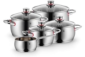 WMF Quality One Topfset Induktion 5-teilig, Kochtopf Set mit Glasdeckel, Cromargan Edelstahl poliert, Induktions Töpfe Set unbeschichtet, Dampföffnung, für alle Herdarten geeignet