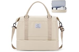 WEPLAN Sac de Voyage Cabine Avion 45x36x20 Easyjet Sac Voyage Weekend Femme Homme Sacs de Sport Maternité avec Compartiment à Chaussures Imperméable Travel Duffle Bag,Beige L