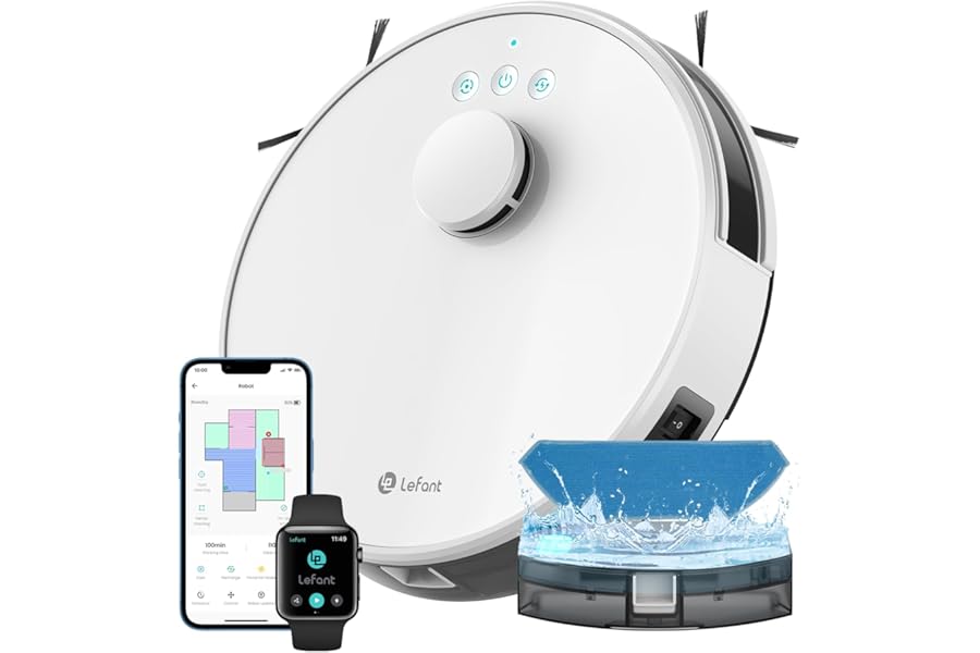 Lefant M1 Robot Vacuum Cleaner with Laser Mapping dToF, Double Side Brush, 5500Pa, Autonomy 200 Min, Alexa Google APP Control, Ideal for Animal Hair, White