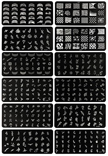 Yahee 12 Stück Nailart Schablonen Platten Nageldesign Maniküre Set mit Stempel - 4