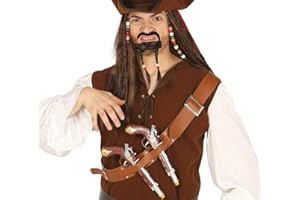 JOKESHOP Brown Double Pirate Gun Holster Belt with Twin Pistols Steampunk Guns Fancy Dress Accessory