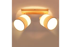 ‎GLITZERLIFE Glitzerlife LED Deckenstrahler 2 Flammig Deckenleuchte - Deckenlampe Holz Flurlampe Spotlight Deckenspot E14 Vintage Stoff Schwenkbar 350° Retro MAX.25W Schlafzimmer Küche, Ohne Leuchtmittel