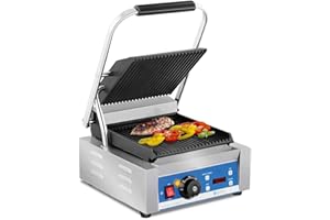 Royal Catering Panini Grill Plancha Grill Electrica (1800 W, Superficie Ondulada, 55–300 °C, Temporizador 15 Min, Bandeja de goteo, 36,2 x 31,3 x 20,1 cm)