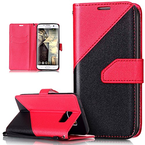 Galaxy S7 Edge Hülle,Galaxy S7 Edge Schutzhülle,Galaxy S7 Edge Leder Hülle,ikasus® Schlagfarbe Nähte Spleiß Stil Naht Farben PU Lederhülle Flip Hülle im Bookstyle Cover Schale Slim Fit Soft Silikon Magnetverschluss Schutzhülle PU Leder Hülle Flip Wallet Case Kunstleder Tasche Cover mit Standfunktion und Kartenfächer Tasche Wallet Case für Samsung Galaxy S7 Edge - Rot