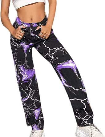 huateng Jeans da Donna con Stampa fulmini Pantaloni Hip Hop con Stampa  Lampo : Amazon.it: Abbigliamento