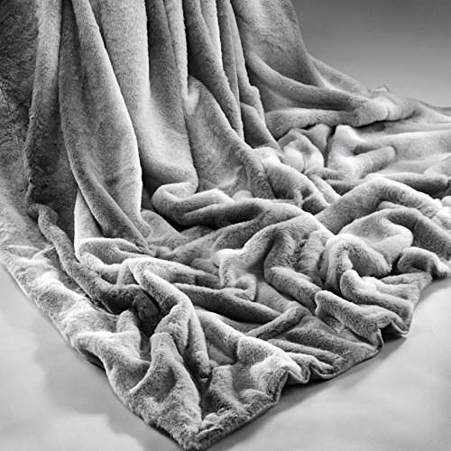 RABBIT FAUX FUR THROW SUPER SOFT PLUSH CHIC BLANKET / CUSHION COVER SOFA BED BLANKET DOUBLE KING (Double Throw with Matching Cushion Cover, Silver)