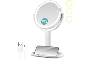 B BEAUTY PLANET Lighted Makeup Mirror,1X/20X Magnifying Vanity Mirror,with Cell Phone Holder Base,3 Colours Dimmable,Touch Screen Switch,Rechargeable Double-sided 360° Rotation Table/Desk Mirror,White