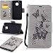 Produktbild LMAZWUFULM Hülle für Motorola Moto G5 5,0 Zoll PU Leder Magnetverschluss Brieftasche Lederhülle Elegant Pfirsich Blüte und Schmetterlinge Prägung Design von Book style mit Stent-Funktion und Karten Slot Ledertasche Flip Cover für Motorola Moto G5 (5,0 Zoll) Grau