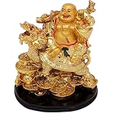 GJ Golden Laughing Buddha with Dragon & Coins Statue | Feng Shui Wealth & Prosperity Idol for Home & Office | Lucky Buddha Sh