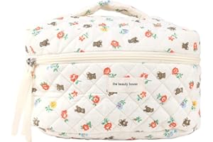 AZURAOKEY Trousse de maquillage kawaii, jolie trousse de toilette en coton à carreaux avec fermeture éclair, esthétique, avec poignée de rangement (taille L), Large, 255*150*135mm/10*5.9*5.3in, Simple