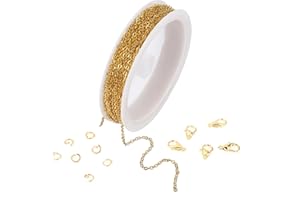 WLLHYF Cadena chapada en oro de 196 pulgadas de acero inoxidable con 10 cierres de langosta, 30 anillos de salto, collares, aretes, pulseras, extensores para hacer joyas, plata