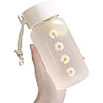 DASNTERED Small Daisy Water Bottles, 500ml Plastic Transparent Frosted Water Bottle, BP-A Free, Portable Reusable Leak-Proof Water Bottle With Rope for School Travel