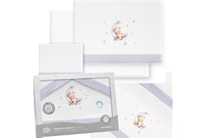 MIBEBESTORE Juego de Sábanas para Cuna 60x120 cm de Franela 100% Algodón | Sábanas de Invierno para Bebé, Cálidas y Suaves | Set 3 Piezas con Bajera Ajustable, Encimera y Funda de Almohada | Oso Luna Gris