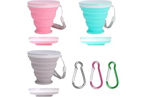 ZOCONE Lot de 3 Gobelet Pliable, Tasse Pliable en Silicone 200ml, Gobelet Retractable Réutilisable avec Couvercle & Boucle - pour Pique-nique/Campings/Randonnée en Plein Air/Voyage