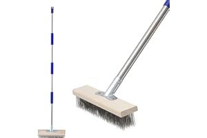 FASTDEPLE Scopa da giardino 190 cm, scopa in filo d'acciaio con manico rimovibile per rimuovere erbacce, muschio, alghe e macchie ostinate, scopa metallica per terrazza, ponte, giardino