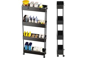 GOOPOOL Chariot Cuisine Desserte Cuisine Étagère Roulante Desserte à roulettes sur 4 Niveaux Mobile pour Cuisine, Salle de Bain, buanderie, Chambre, Espace étroit, Montage Facile, Noir