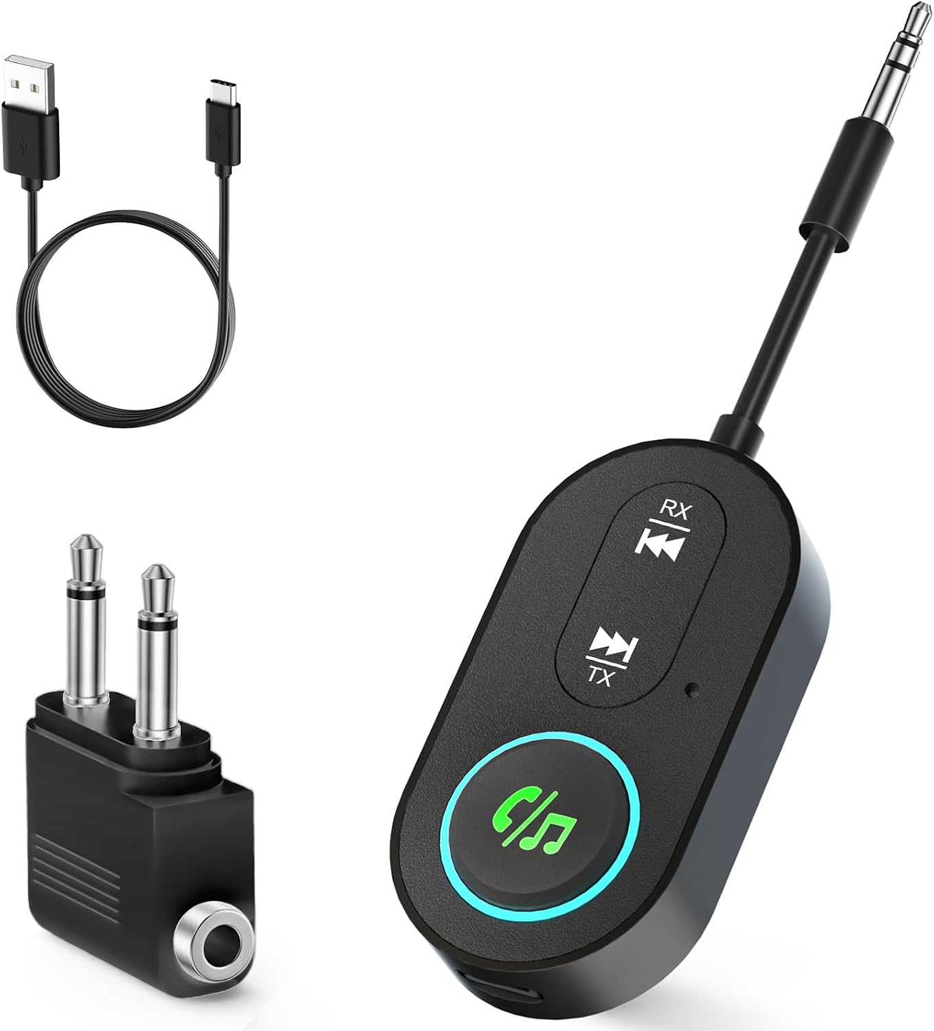 Ticenpe Receptor transmisor Bluetooth 5.3, conector dual para aviones, micrófono para llamadas, adaptador auxiliar 2 en 1 Bluetooth para auriculares, altavoz y coche