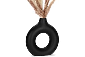 VVHIPPO Donut Vase Schwarze für Pampasgras, Keramik Vase Moderne Deko Kunst Vase Runde Form Vase, Handmade Vase Matt, Abstraktion Blumenvase für Wohnzimmer Büro Dekoration, M (Schwarz)