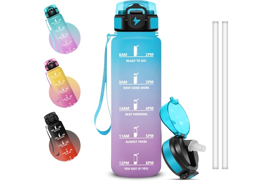 Grsta 1 Litre Water Bottle Motivational Leakless Water Bottle Gym Water Bottle with Time Indicator, Easy to Clean, Water Bottles with Straw for Work, Yoga, Office