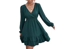 Vangreynve Damen Minikleid V-Ausschnitt A-Linie Kleider Elegant Hohe Taille Langarm Freizeitkleid