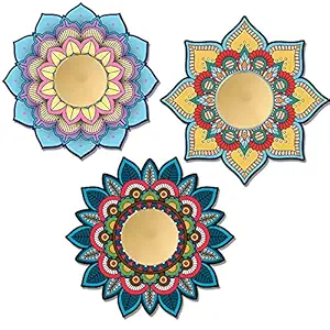 RAG28 Glass Retro Round Gold Mandala Decorative Wall Mount Mirror (Multicolour, Set of 3, 12X12 Inches Each)