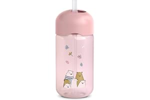 Suavinex, Tasse Apprentissage Bébé, Gourde Paille Enfant, Gobelet Bébé avec Paille en Silicone Flexible, Résiste à la Morsure, Anti-goutte, Apte Lave-vaisselle, +18 Mois, 340 ml, Bears Rose