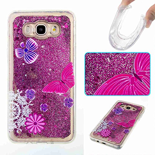 Etsue Liquid Flüssigkeit Hülle für Samsung Galaxy J7 2016, Glitzer Flüssig Wasser Hülle für Samsung Galaxy J7 2016, Lusting Kreativ Pailletten Sterne Glitzer Glitter Wasser Shiny Glanz Sparkle Bling Schwimmend Treibsand Kristall klar Liquid TPU Gel Hülle Crystal Clear Case Transparent Silikon Handyhülle für Samsung Galaxy J7 2016 + 1x Glitzer Staub Stecker + 1x Blau Eingabestift-Schmetterling Blume - 2