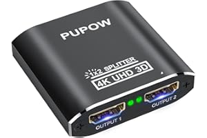 Pupow Splitter HDMI 4K, Switch HDMI Aluminium Repartiteur hdmi 1 Entrée 2 Sorties, Duplicateur Hdmi Affichage Simultané, 4K@60HZ Splitter 3D UHD 1080P, pour Xbox PS3 PS4 Lecteur Blu-Ray HDTV