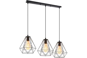 iDEGU 3 Luci Lampadario a Sospensione Vintage Industriale Lampada da Soffitto Paralume a Forma di Gabbia in Metallo E27 Lampada a Sospensione per Cucina Sala da Pranzo Soggiorno (Palo)