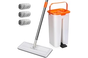 MASTERTOP Mocio Lavapavimenti e Secchio Strizzatore, Mocio Piatto Rotante e Piccolo Secchio Autolavaggio, Mop a Mani Libere in Microfibra, con 3 Tamponi Riutilizzabili (Arancione)
