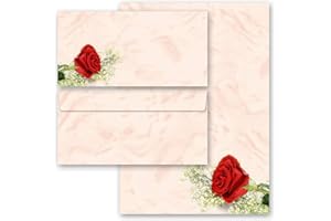 20 pezzi Set completo Fiori & Petali, Amore & Matrimonio, ROSA ROSSA 10 fogli di carta da lettera e 10 buste DIN LANG (senza finestra) | Paper-Media