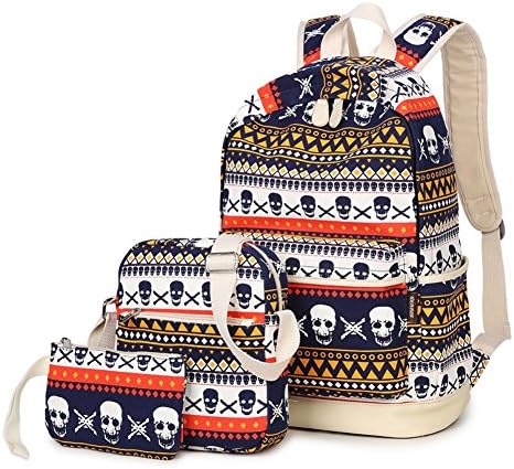 Canvas Laptop Backpack, FUYAO Skull Pattern Travel Rucksack School Bag Shoulder Bag Pencil Case Set for Teenager Girls and Boys, 3pcs Included