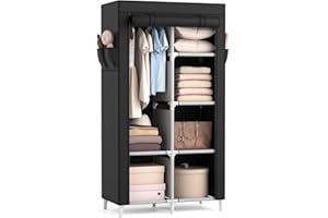 Vicye Armario de Tela, Organizador Armario Ropero Portátil con 1 Barra para Colgar y 6 Estantes para Dormitorio, Vestidor, Salón, Negro, 84 x 42 x 162 cm
